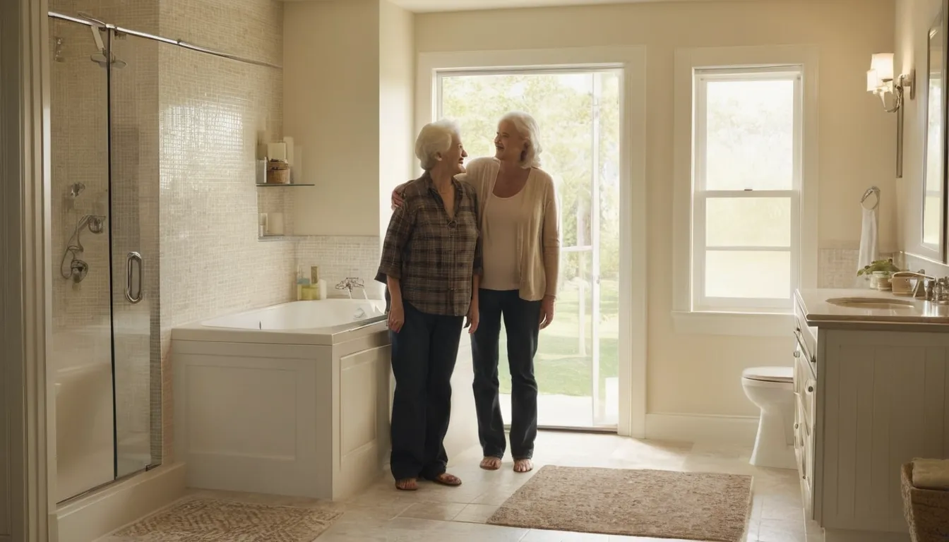A senior homeowner looking at a safe, modern walk-in tub in a bright bathroom in Sacramento